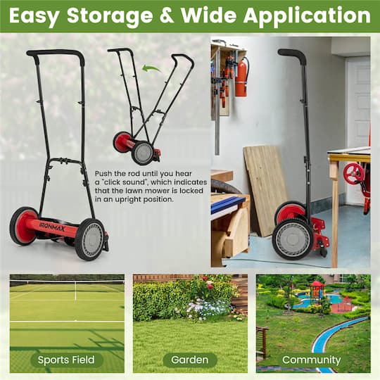 Costway Ironmax Red & Black Push Lawn Mower with 5-Blade Removable Grass Catcher